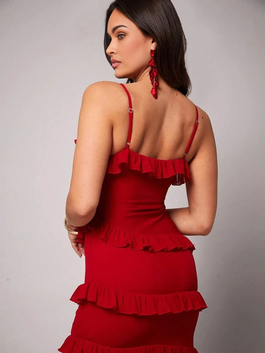 Elegant Solid Color Ruffle Hem High Slit Maxi Slip Dress Women Elegant Dresses Women Dress