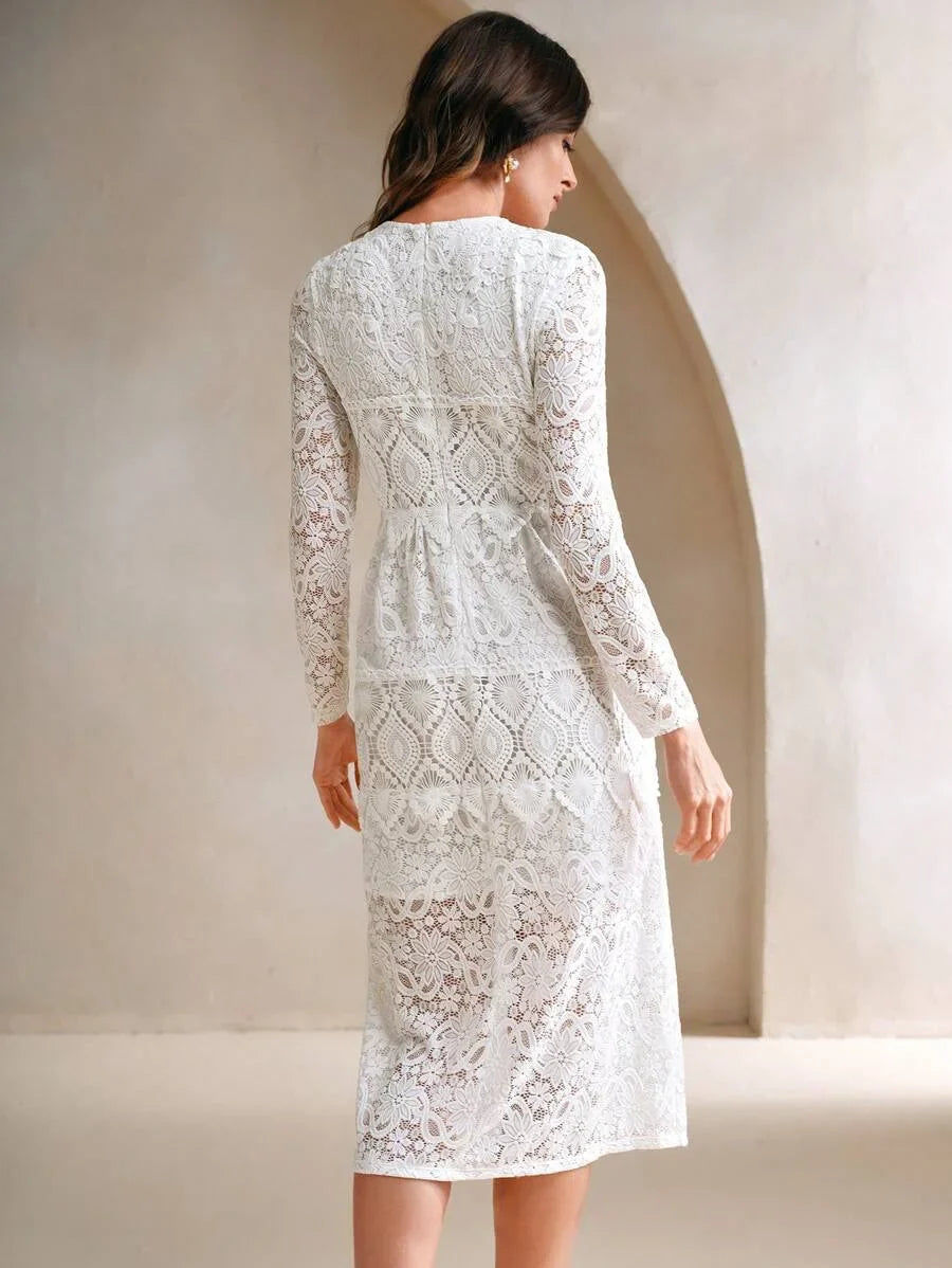 Elegant Solid Color Water Soluble Lace Patchwork Dress