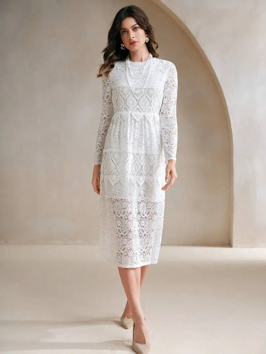 Elegant Solid Color Water Soluble Lace Patchwork Dress