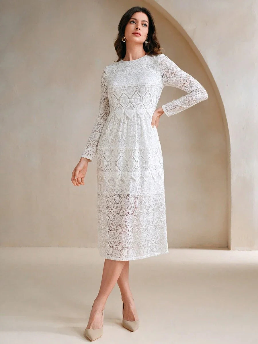 Elegant Solid Color Water Soluble Lace Patchwork Dress