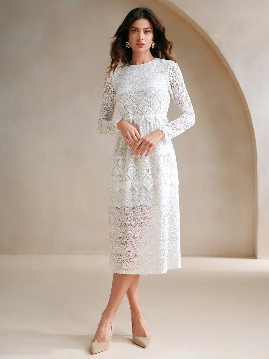 Elegant Solid Color Water Soluble Lace Patchwork Dress