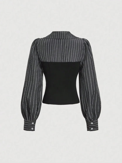 Elegant Striped Patchwork Cinched Waist Split Hem Blouse Autumn