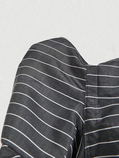 Elegant Striped Patchwork Cinched Waist Split Hem Blouse Autumn