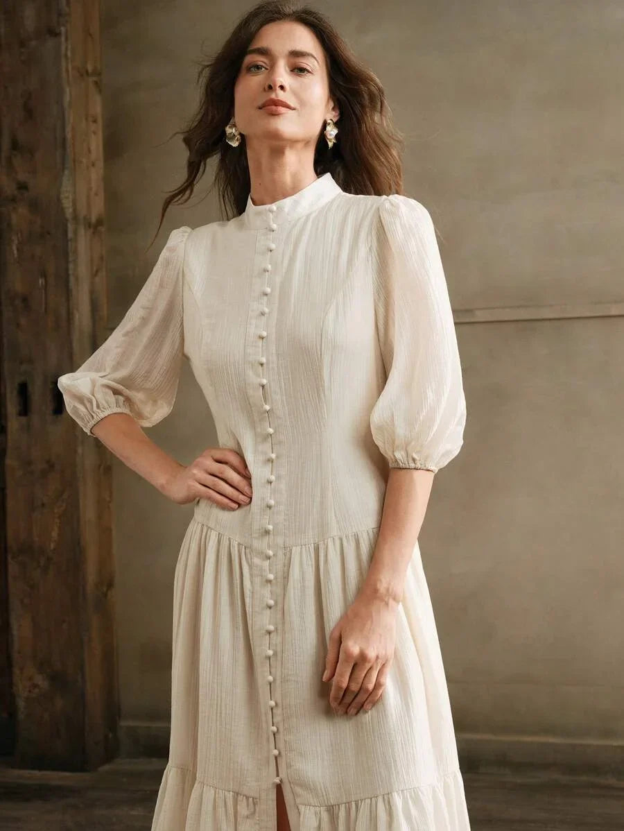 Elegant Vintage Women White Loose Weave Midi Dress Maxi Women Outfit