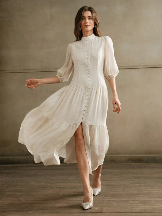 Elegant Vintage Women White Loose Weave Midi Dress Maxi Women Outfit
