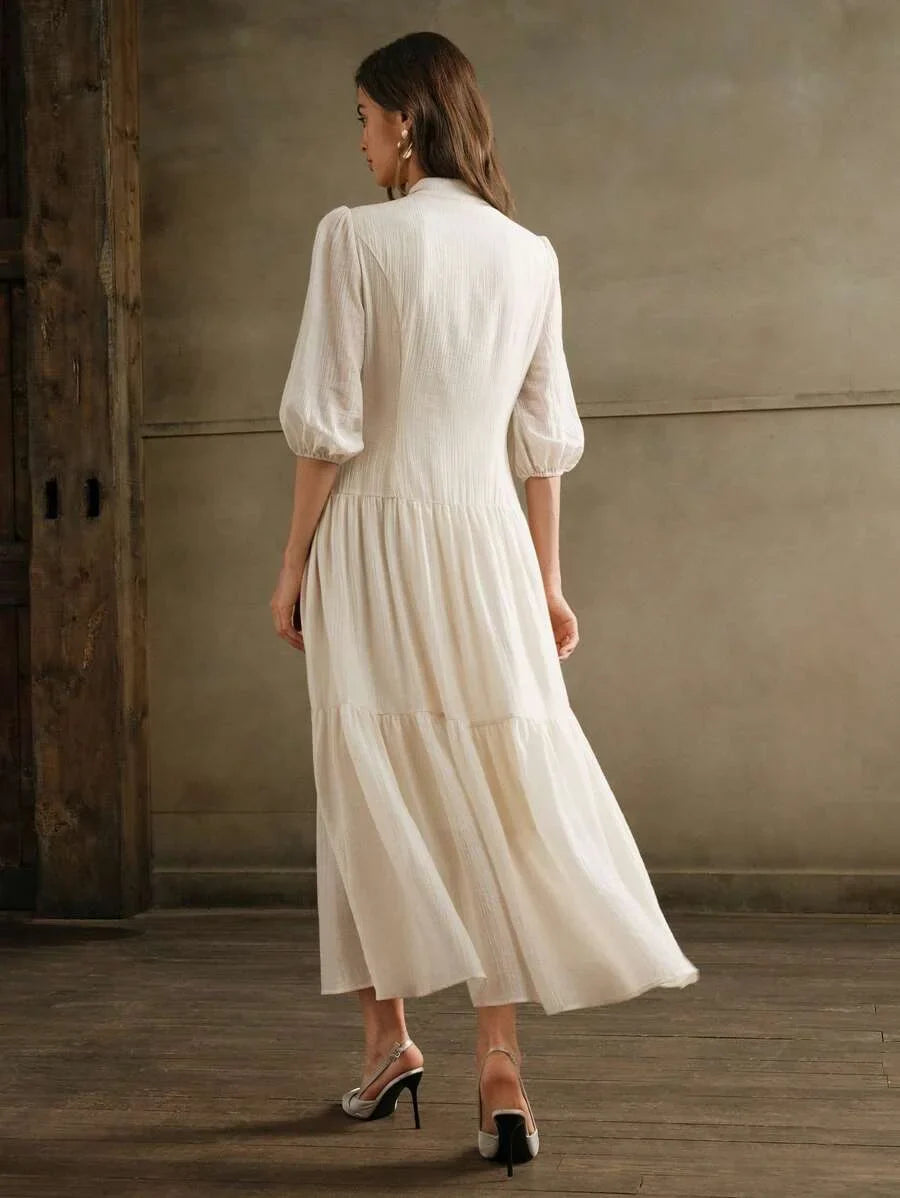 Elegant Vintage Women White Loose Weave Midi Dress Maxi Women Outfit