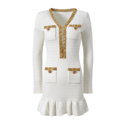 Elegant White Long Sleeve Dress with Gold Accents