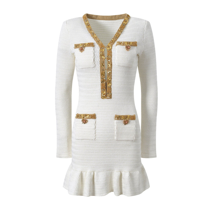 Elegant White Long Sleeve Dress with Gold Accents