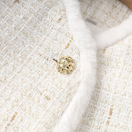 Elegant White Tweed Fur Trim Jacket with Gold Accents