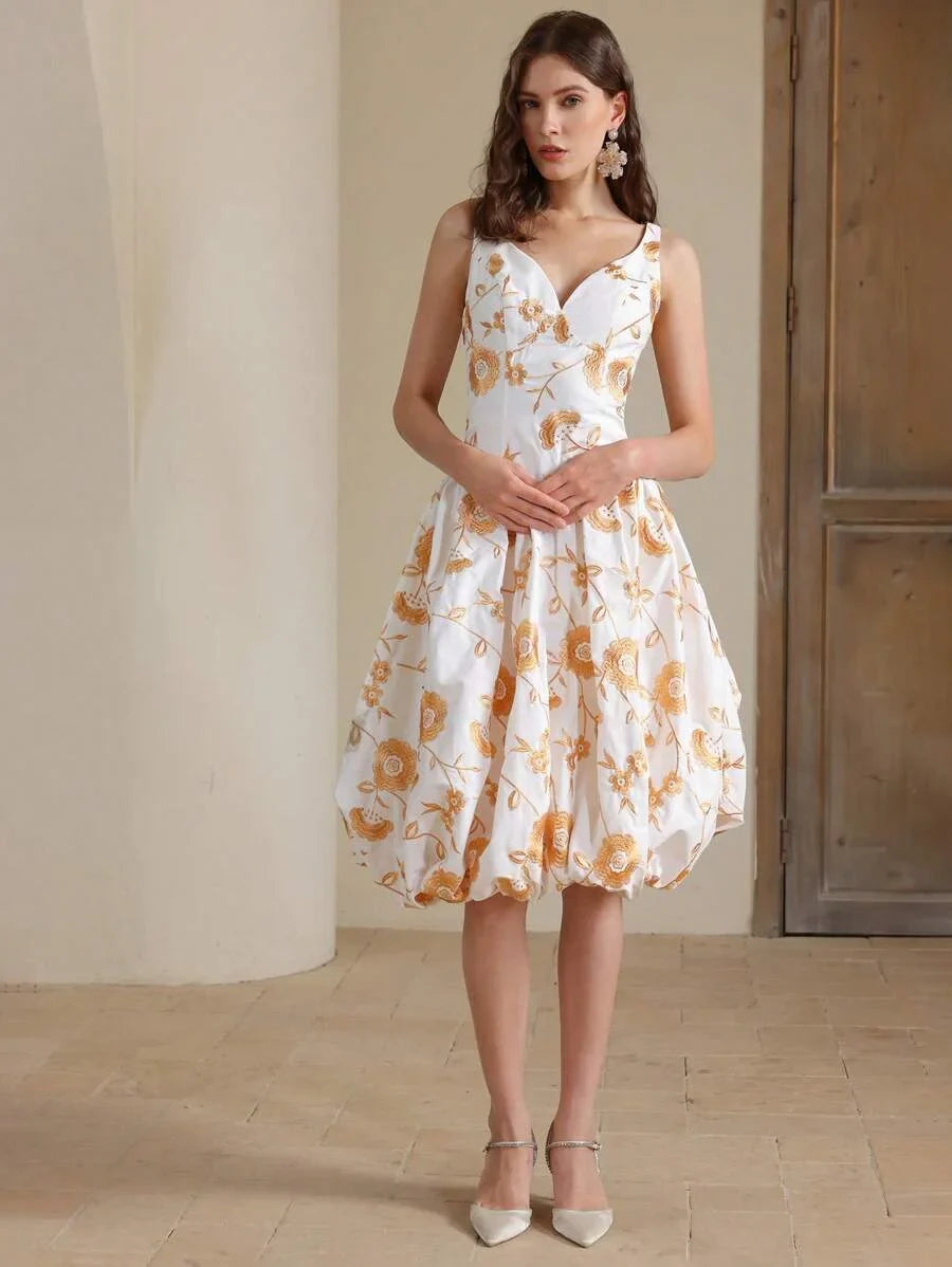 Elegant Women Spaghetti Strap Embroidered Waist Ruffle Midi Dress Suitable For Summer Beach