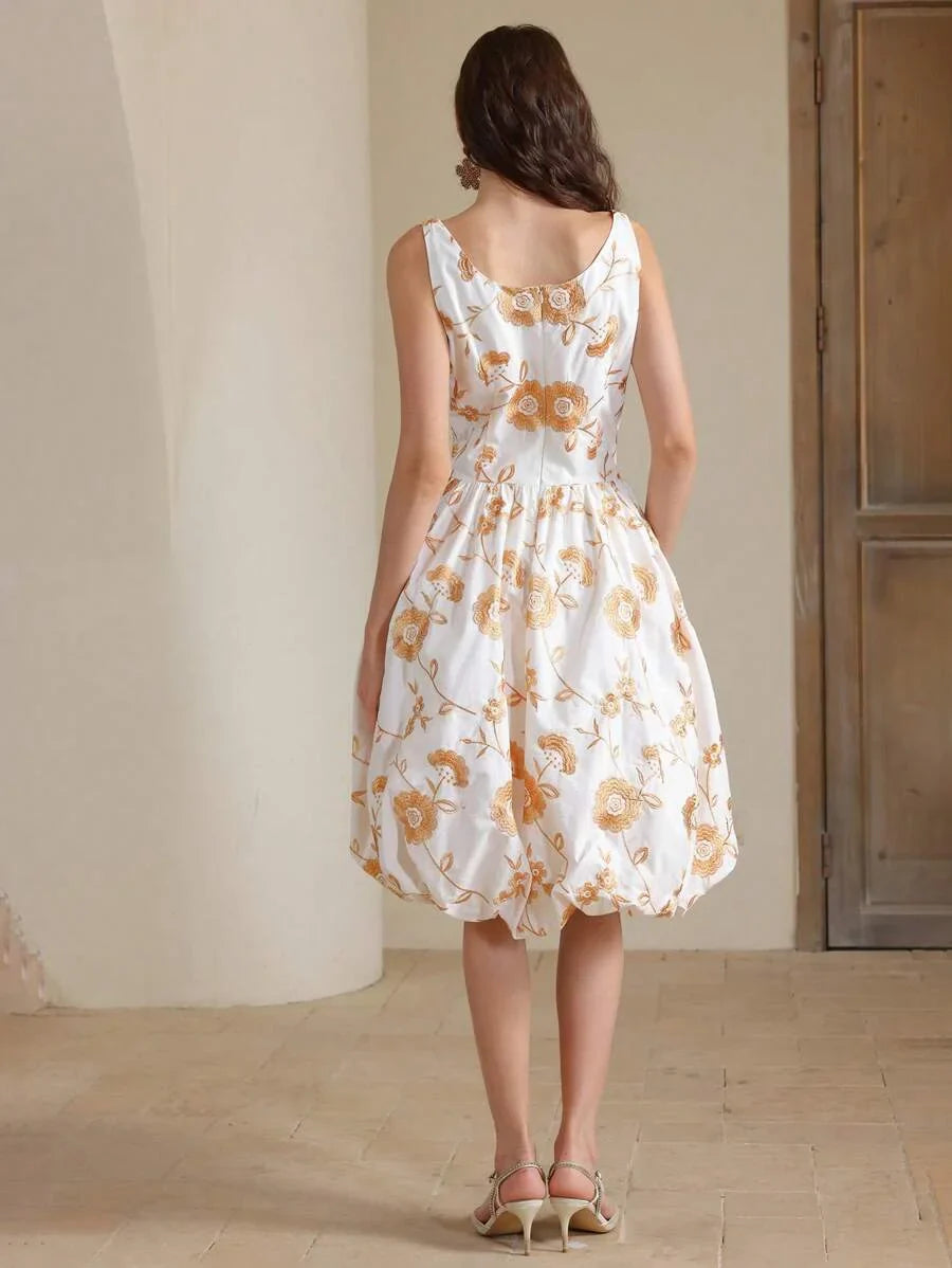 Elegant Women Spaghetti Strap Embroidered Waist Ruffle Midi Dress Suitable For Summer Beach