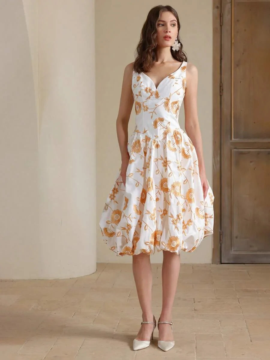Elegant Women Spaghetti Strap Embroidered Waist Ruffle Midi Dress Suitable For Summer Beach