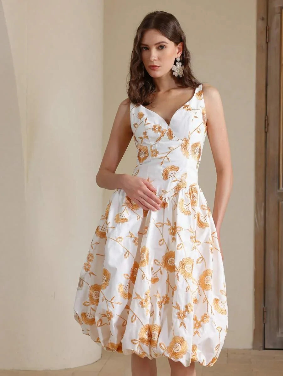 Elegant Women Spaghetti Strap Embroidered Waist Ruffle Midi Dress Suitable For Summer Beach