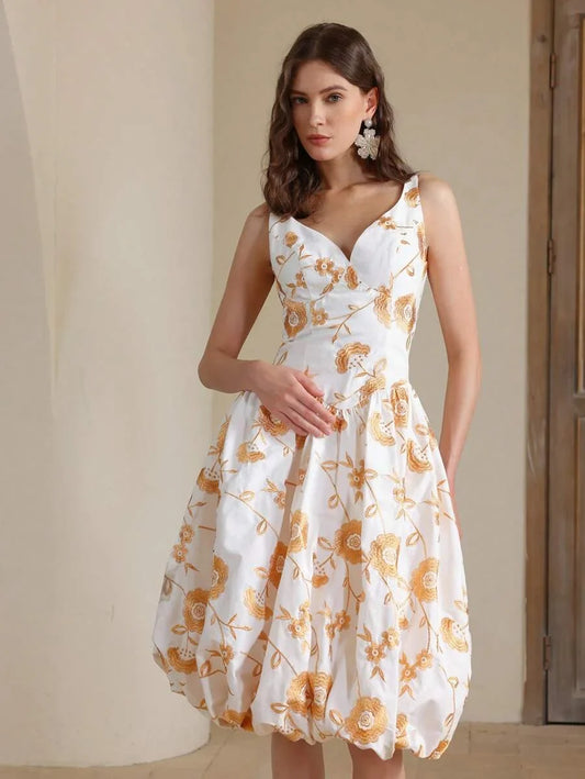 Elegant Women Spaghetti Strap Embroidered Waist Ruffle Midi Dress Suitable For Summer Beach