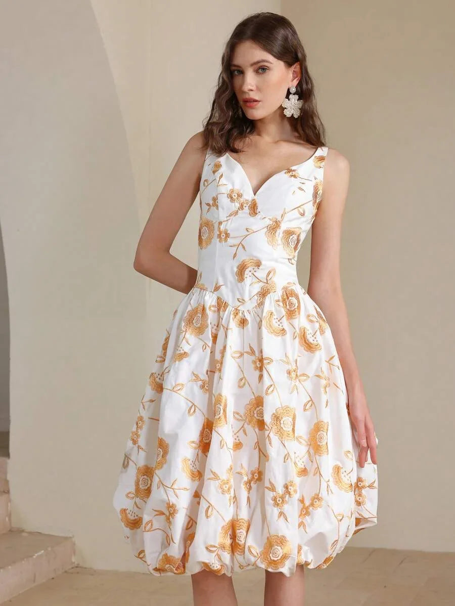 Elegant Women Spaghetti Strap Embroidered Waist Ruffle Midi Dress Suitable For Summer Beach