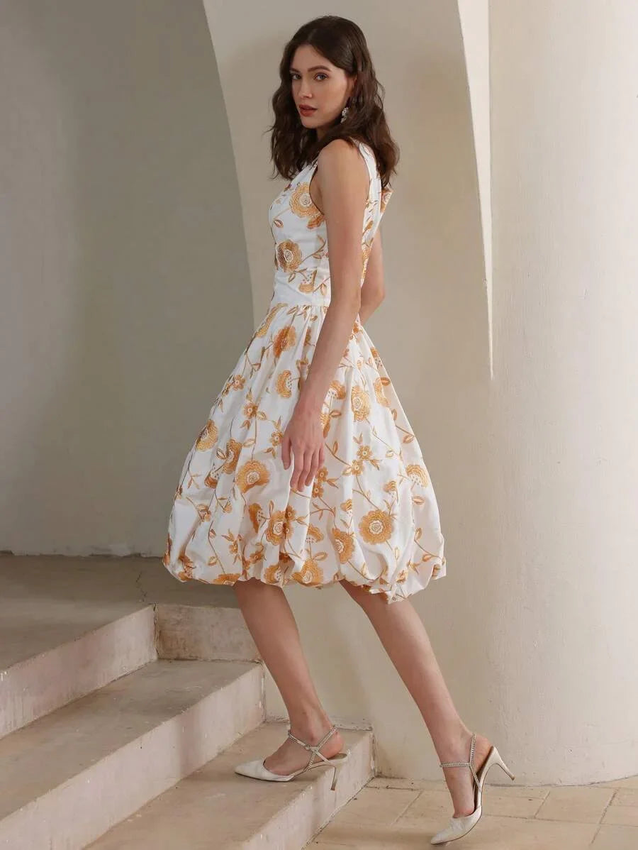 Elegant Women Spaghetti Strap Embroidered Waist Ruffle Midi Dress Suitable For Summer Beach
