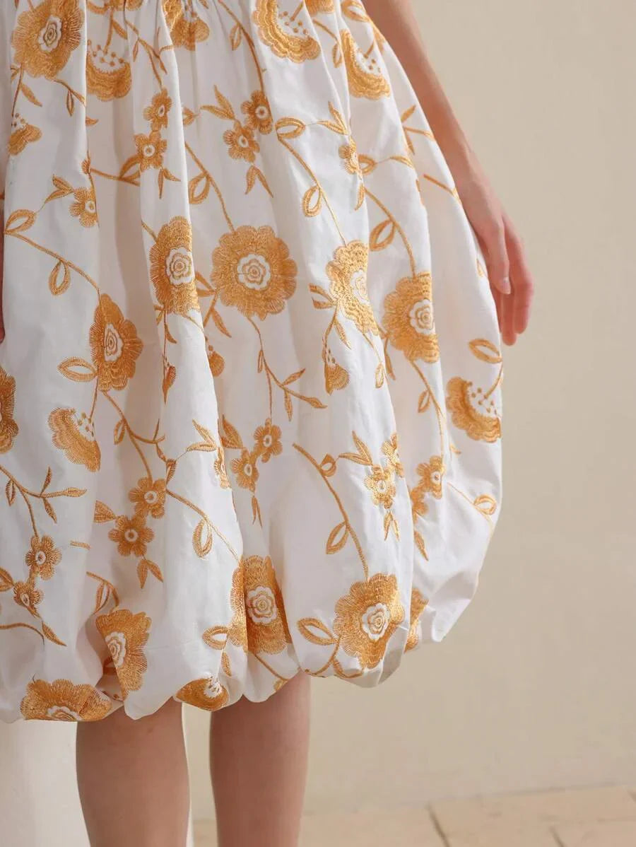 Elegant Women Spaghetti Strap Embroidered Waist Ruffle Midi Dress Suitable For Summer Beach