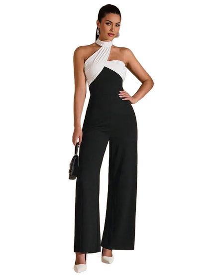 Elegant Womens Black And White Asymmetric Collar Oblique Shoulder Wide Leg Jumpsuit Suitable For