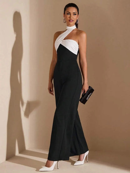 Elegant Womens Black And White Asymmetric Collar Oblique Shoulder Wide Leg Jumpsuit Suitable For