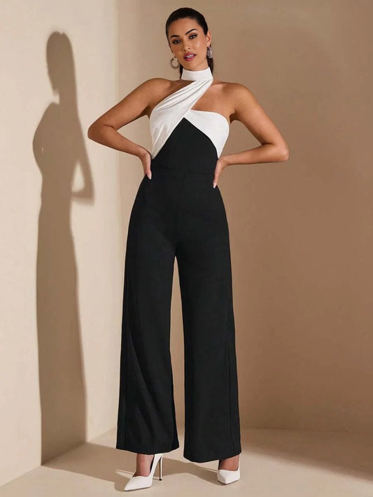 Elegant Womens Black And White Asymmetric Collar Oblique Shoulder Wide Leg Jumpsuit Suitable For