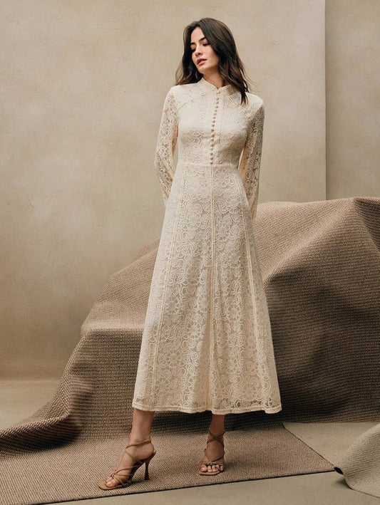 ElegantSpringAll White Woman Outfits Womens Long Sleeve Lace Burgundy Dress Maxi Women Outfit