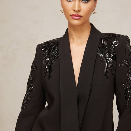 Éléna Black Embellished Sequined Blazer Dress