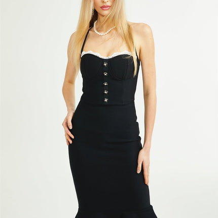 Elena Black Lace-trim Mermaid Midi Dress