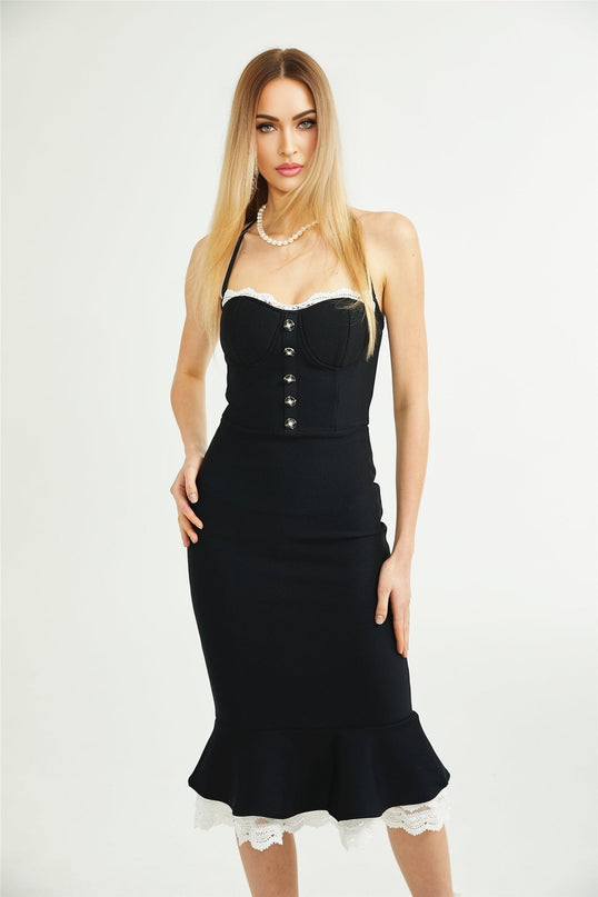 Elena Black Lace-trim Mermaid Midi Dress