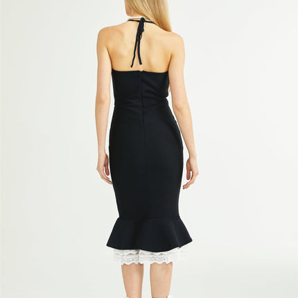 Elena Black Lace-trim Mermaid Midi Dress
