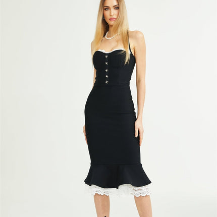 Elena Black Lace-trim Mermaid Midi Dress