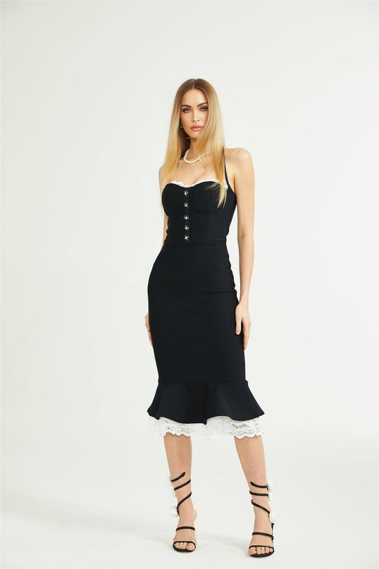 Elena Black Lace-trim Mermaid Midi Dress