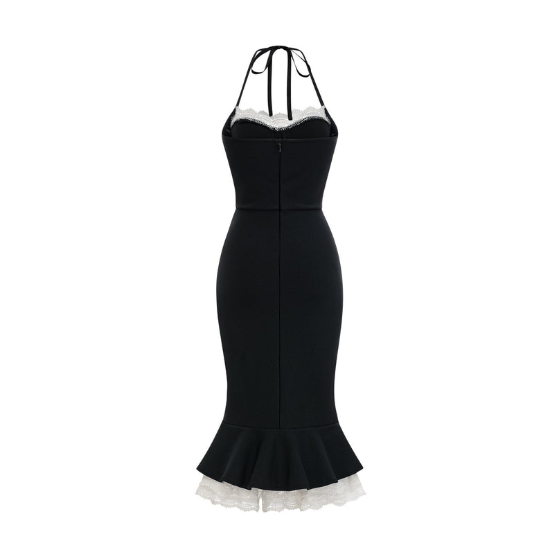 Elena Black Lace-trim Mermaid Midi Dress