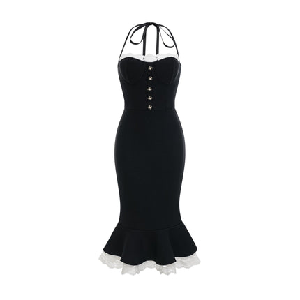 Elena Black Lace-trim Mermaid Midi Dress
