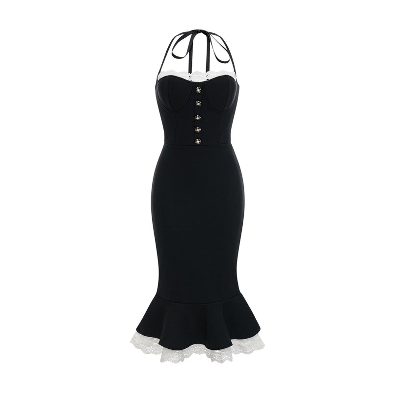 Elena Black Lace-trim Mermaid Midi Dress