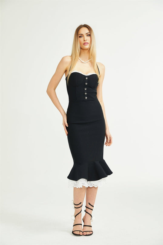 Elena Black Lace-trim Mermaid Midi Dress