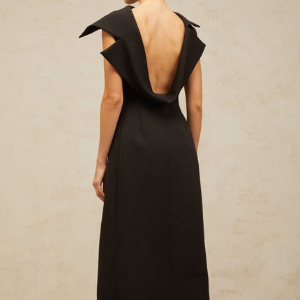 Elena Black Sleeveless Midi Dress with Open Back and Front Slit