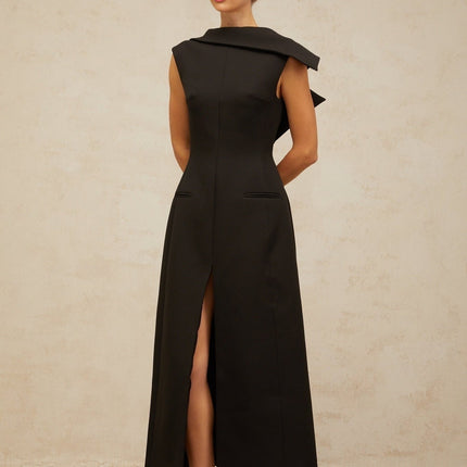 Elena Black Midi Dress Luxury Style Bateau Neck Sleeveless Fitted Silhouette Front Slit Open Back