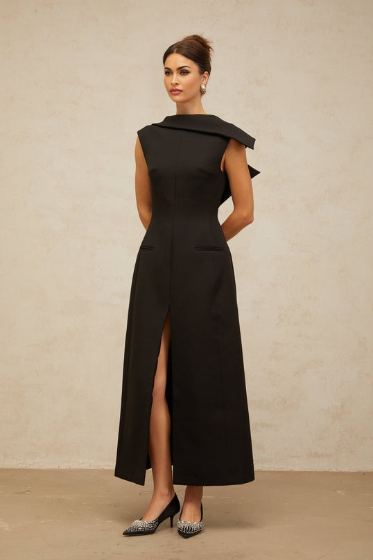 Elena Black Midi Dress Luxury Style Bateau Neck Sleeveless Fitted Silhouette Front Slit Open Back