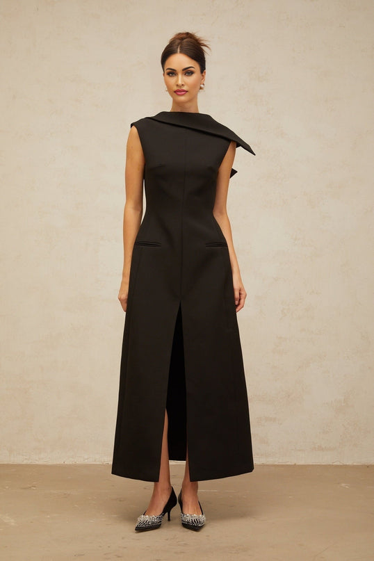 Elena Black Midi Dress Luxury Modern Bateau Neck Sleeveless Fitted Silhouette Front Slit Open Back