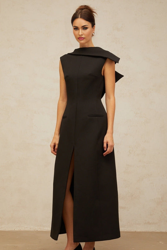 Elena Black Midi Dress with Bateau Neck and Open Back