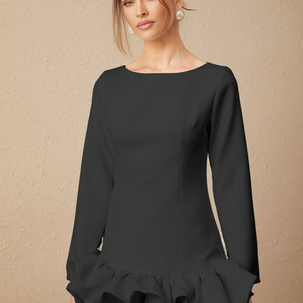 Elena Black Mini Dress Bubble Skirt Long Sleeve Cinched Waist Rear Zip Fastening 65% Cotton 35% Polyester