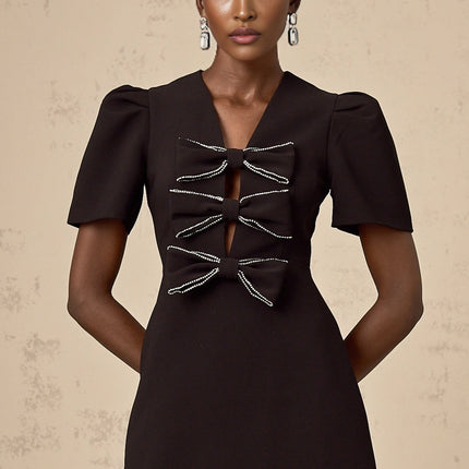 Elena Black Mini Dress V-neck Bow Stud Detailing Cut-out Silhouette Zip Fastening Polyamide Polyester Thigh-length