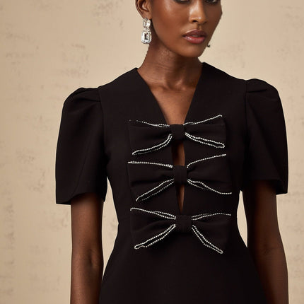 Elena Black Mini Dress V-neck Bow Stud Detailing Cut-out Silhouette Zip Fastening Polyamide Polyester Thigh-length