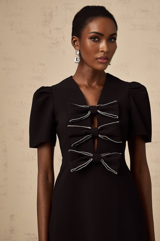 Elena Black Mini Dress V-neck Bow Stud Detailing Cut-out Silhouette Zip Fastening Polyamide Polyester Thigh-length