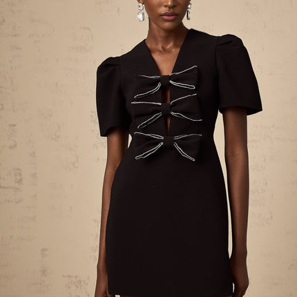 Elena Black V-Neck Mini Dress with Bow Embellishment and Stud Detailing