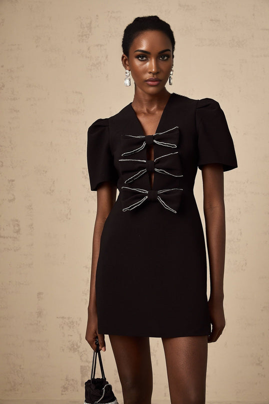 Elena Black V-Neck Mini Dress with Bow Embellishment and Stud Detailing