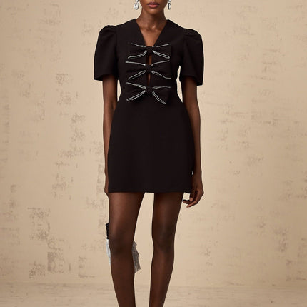 Elena Black Mini Dress V-Neck Bow Stud Detailing Cut-Out Silhouette Polyamide Polyester Thigh-Length