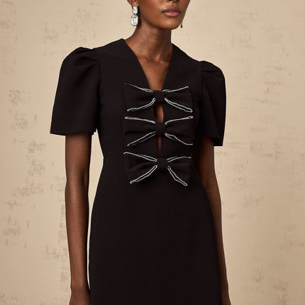 Elena Black Mini Dress V-Neck Bow Stud Detailing Cut-Out Silhouette Rear Zip Fastening Thigh-Length 57% Polyamide 43% Polyester