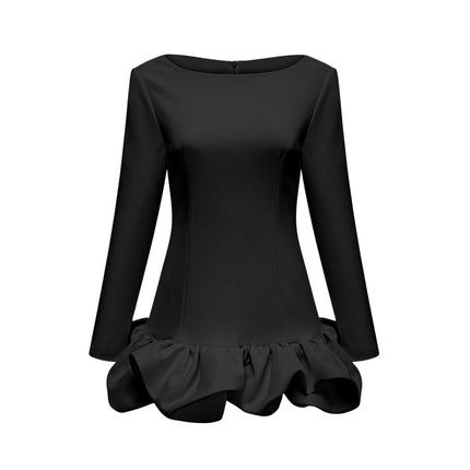 Elena Black Mini Dress Bubble Skirt Bateau Neck Long Sleeves Cinched Waist Rear Zip Fastening 65% Cotton 35% Polyester