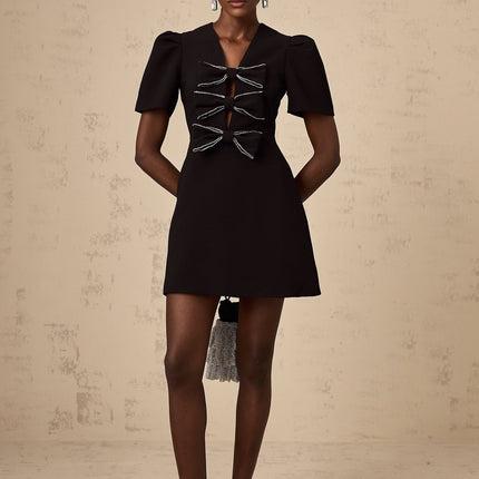 Elena Black V-Neck Mini Dress with Bow Embellishment and Stud Detailing